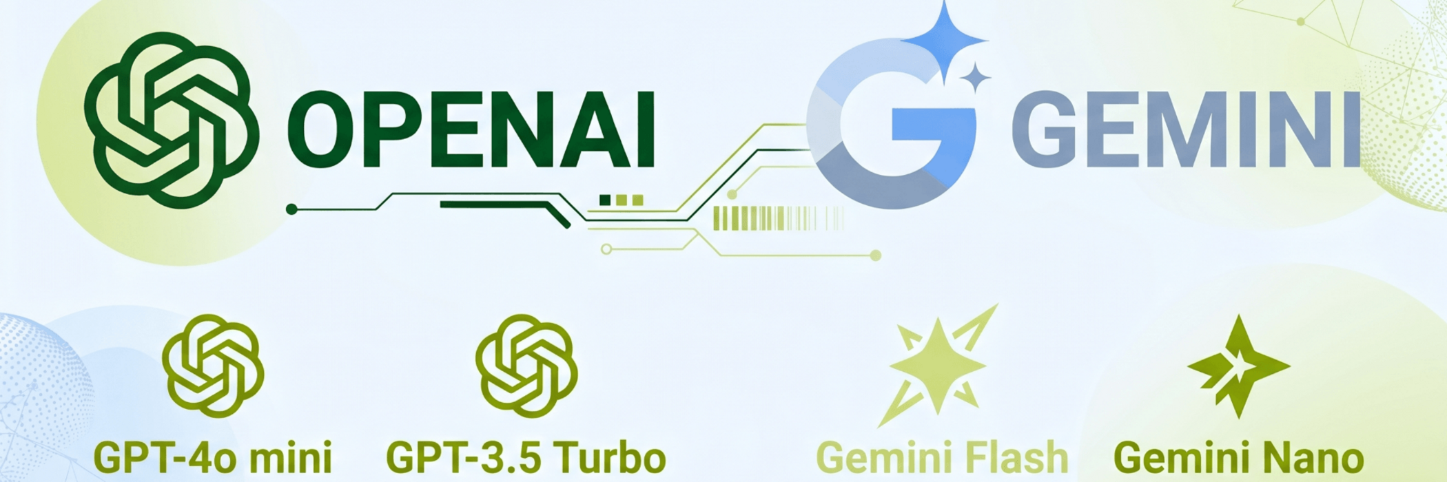 Logos von OpenAI und Gemini mit verschiedenen KI-Modellen und ihren Symbolen