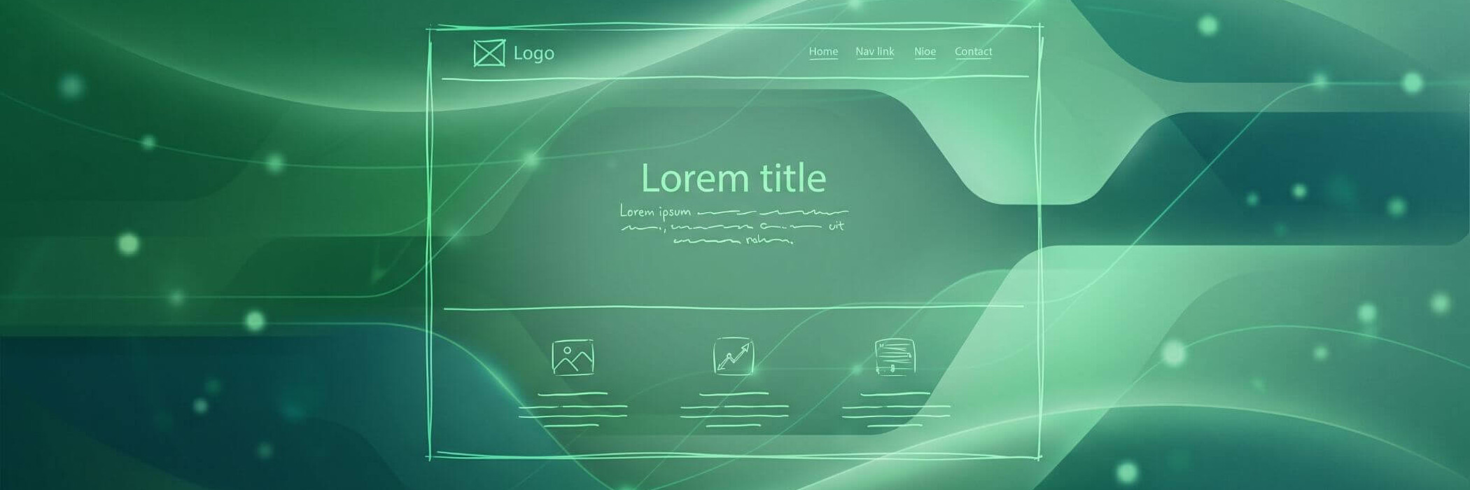Skizze einer Website mit Logo, Navigation, Platzhalterüberschrift und drei Inhaltskarten.