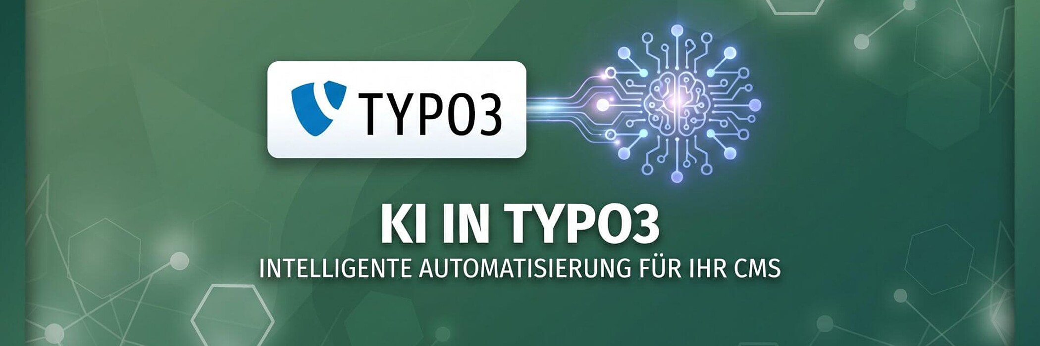 Grafik zu KI in TYPO3 mit leuchtendem Gehirn und Hinweis auf CMS-Automatisierung.