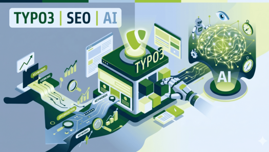 Illustration von Typo3, SEO und KI, die zusammenarbeiten, um die Suchmaschinenoptimierung zu verbessern