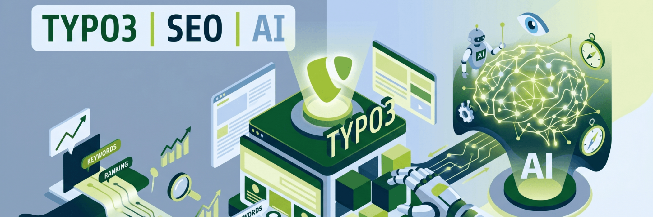 Illustration von Typo3, SEO und KI, die zusammenarbeiten, um die Suchmaschinenoptimierung zu verbessern