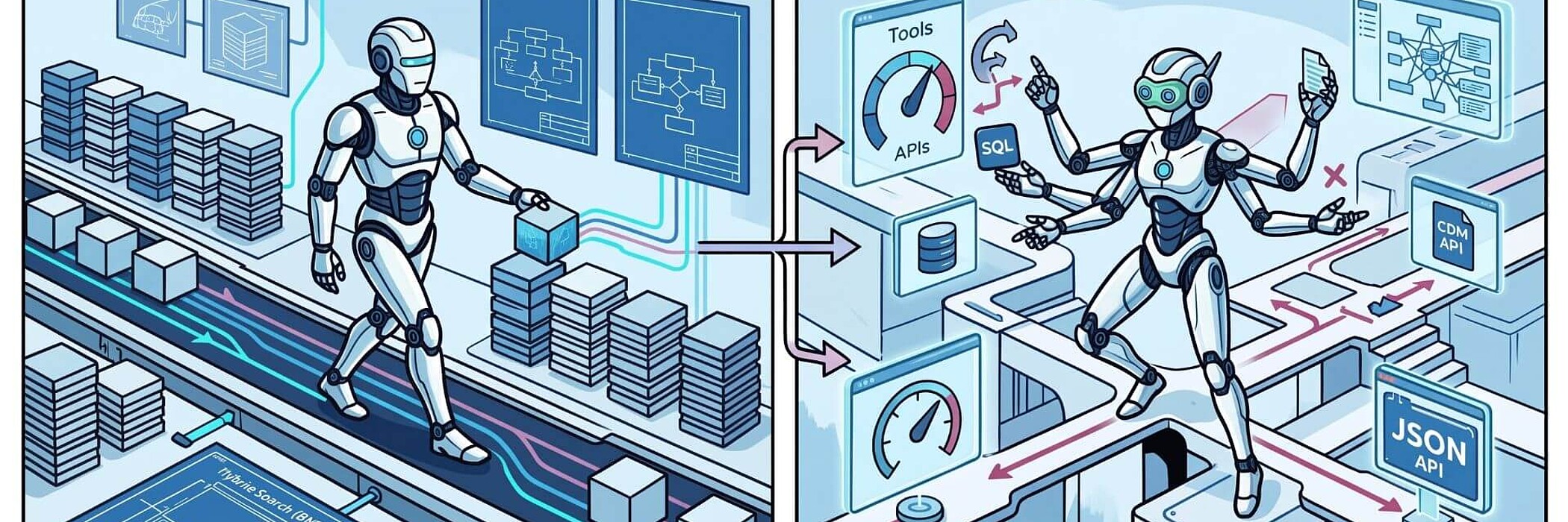 Illustration eines Roboters zwischen Datenstapeln und vernetzten APIs, Tools sowie Systemen.