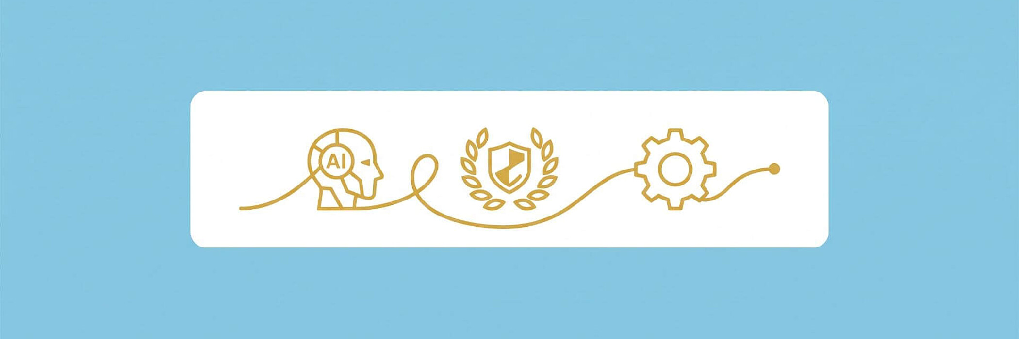 Goldene Linie mit KI-Kopf, Schutzschild und Zahnrad auf blauem Hintergrund.