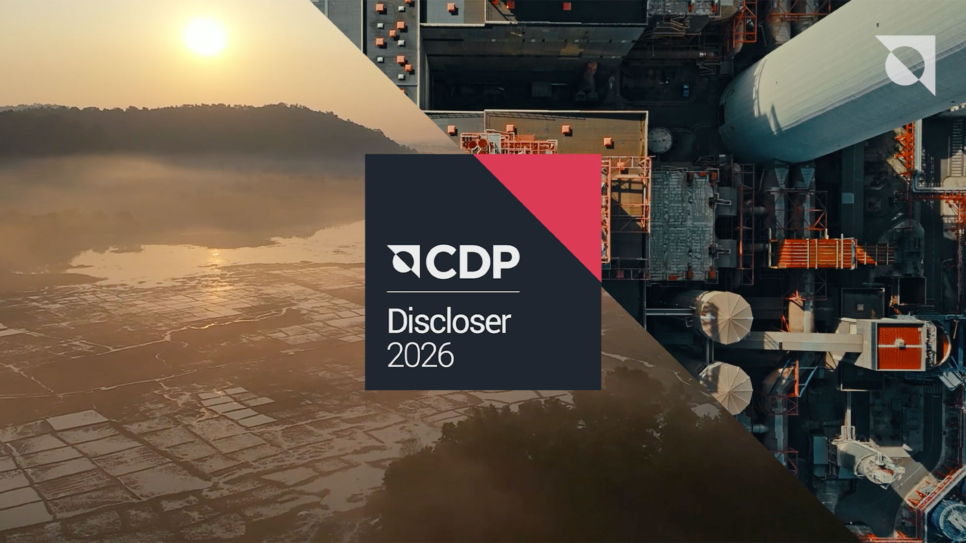 CDP Discloser 2026 vor einer geteilten Ansicht von Landschaft und Industrieanlage.